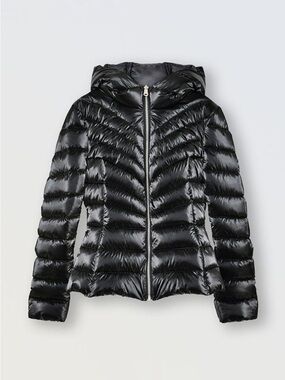 NEW Molly Bracken Girls Short Iridescent Down Jacket Black Size 8 Zipper Pockets